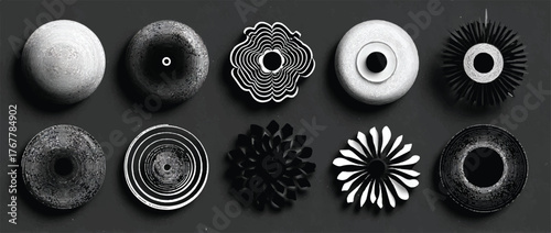 Abstract Black and White Circular Designs Set Against a Minimalist Dark Gray Background Offering a Sense of Depth and Artistic Composition