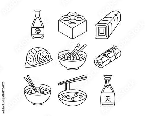 A collection of nine hand-drawn illustrations depicting various Japanese food items including sushi rolls, bowls of noodles, and soy sauce bottles