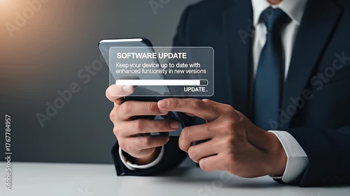 Software Update on Smartphone Held by Businessman in Dark Suit with Blue Tie Against Gray Background Update Progress Bar on Transparent Screen