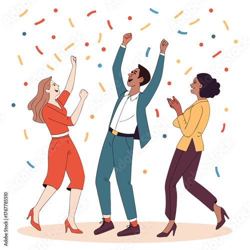 Diverse team celebrating success with confetti