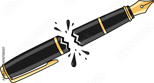 An old fountain pen broken in half. A symbol of contract termination, dismissal, career end, or deal end. End of work.
