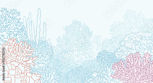 Stylized illustration of colorful coral reefs with intricate branching patterns and variations in texture.