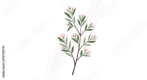 A delicate pink floral branch with green leaves and pale pink curved lines on a white background.