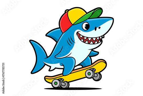 Cartoon shark skateboarding wearing a colorful hat