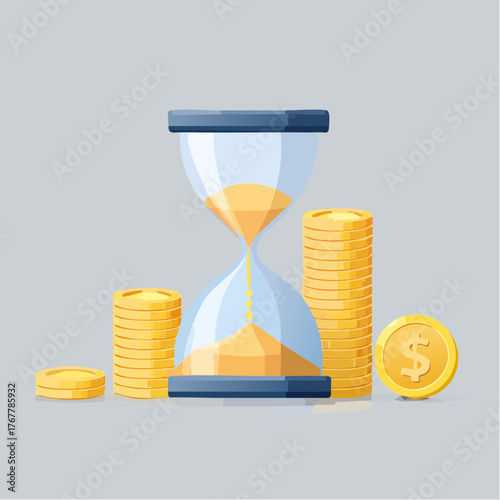 Hourglass and stacked coins illustrate currency fluctuation and time impact commodities value symbolizing market changes