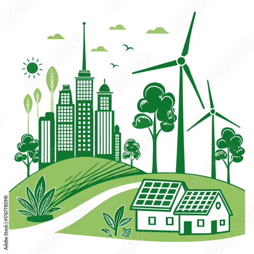 Green city concept with wind turbines and solar panels