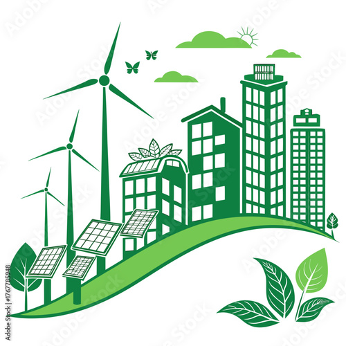 Green city concept with wind turbines and solar panels