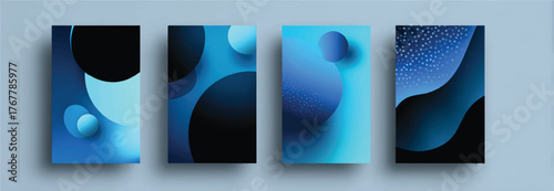 Abstract Blue and Black Geometric Shapes Cover Designs for Modern Brochures and Presentations with Gradient Backgrounds and Circle Motifs
