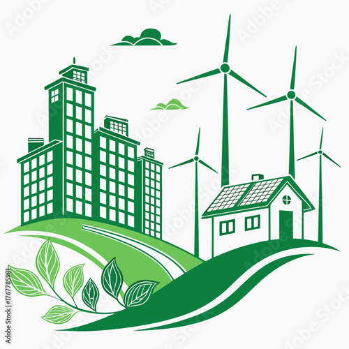 Green city concept with wind turbines and buildings