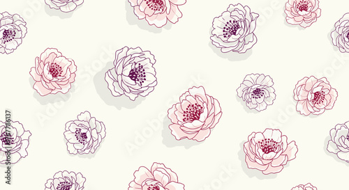 Seamless pattern of delicate pink and purple sketched flowers on a cream background.