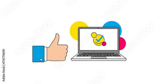 AI-Powered Approval Vector illustration of thumbs-up with laptop showcasing verified status and modern design
