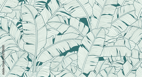 Pattern of large banana leaves in teal and light green tones.