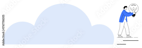 Individual stands near large cloud, holding illuminated bulb signifying innovation. Ideal for cloud computing, data storage, technology, creativity, solutions, brainstorming, digital innovation