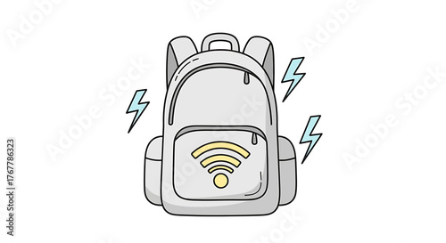 AI-Powered Backpack Vector illustration with Wi-Fi connectivity and energy bolts