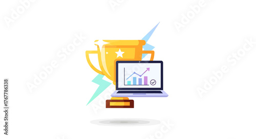 Optimized for triumph AI analytics on a laptop, a golden trophy signifying success in this vibrant Vector illustration