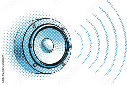 speaker illustration in pop art halftone style with sound waves symbolizing music, volume, and audio vibration