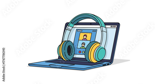 AI Collaboration Vector illustration of Laptop with Headphones and Video Call