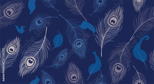 Elegant pattern of white and blue peacock feathers on a dark navy background.