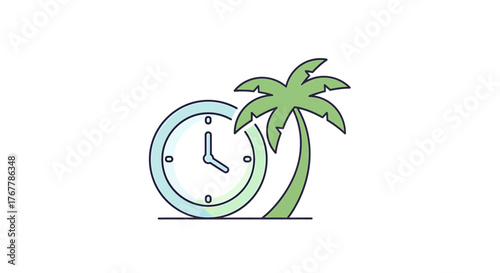 AI generated vector illustration of a clock next to a palm tree symbolizing vacation time