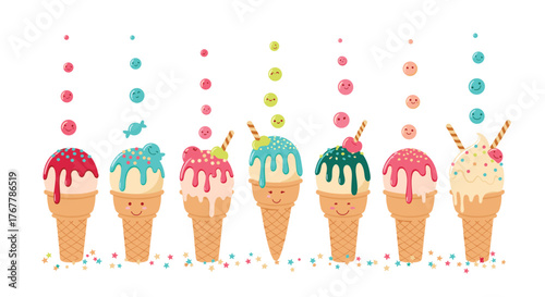 Collection of seven adorable ice cream cones with smiling faces and dripping toppings in a row.
