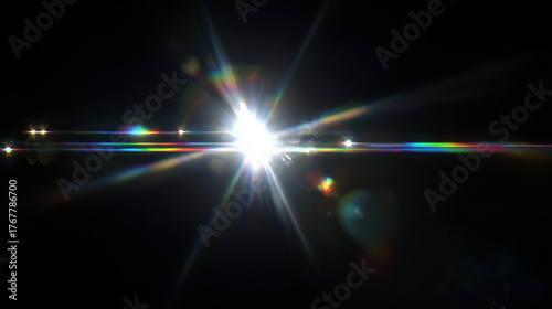 Bright professional lens flare light effect with hexagonal bokeh pattern and rainbow chromatic aberration on pure black background, high contrast optical rays, clean edges