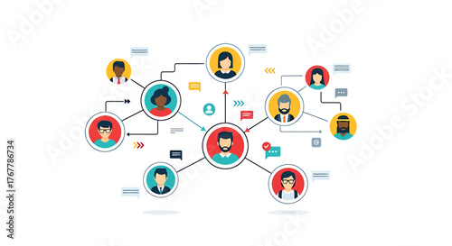 AI-driven social media network connecting diverse people globally, a flat Vector illustration