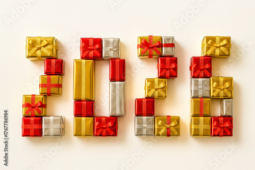 Creative 2026 typography made from red, gold, and silver gift boxes arranged on a bright background. Ideal for New Year promotions, holiday design, greeting cards, seasonal advertising materials.
