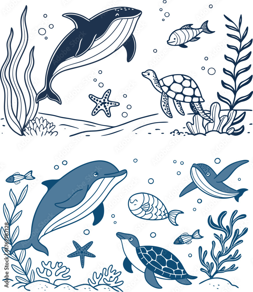 Obraz premium Childish Hand-Drawn Marine Animal Vector Set — Whales, Dolphins, Turtles, Fish, Coral Reef, Starfish, Seaweed, Cute Naive Blue Crayon Ocean Life Illustrations for Kids