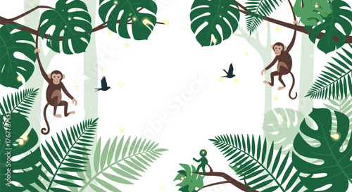 Monkeys swinging from trees in a lush jungle with tropical plants and birds flying.