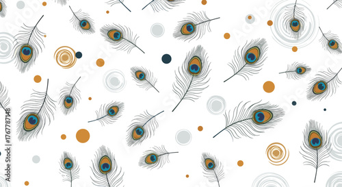 Seamless pattern of peacock feathers with decorative abstract circles and dots.