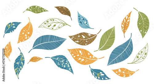 Collection of stylized leaves with distressed textures in autumn colors scattered across a white background.