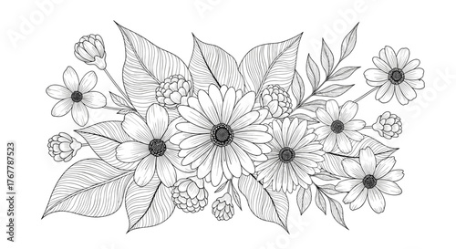 Detailed black and white line drawing of a floral arrangement with daisies and leaves.
