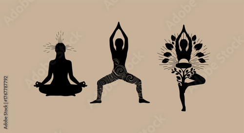 Three yoga poses silhouettes with decorative elements on beige background