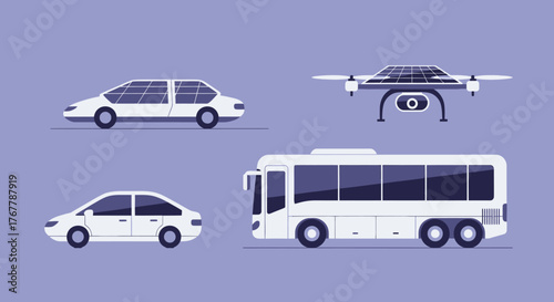 White vehicles illustration including car bus and drone on purple background.
