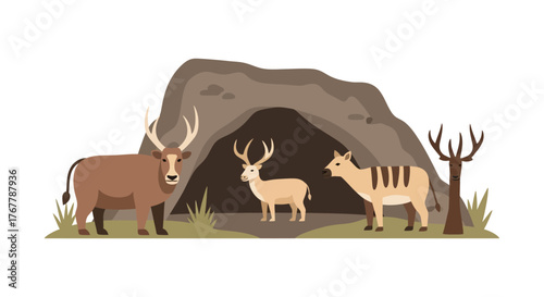 Wildlife Scene Featuring Deer, Antelope, and Cave Habitat.