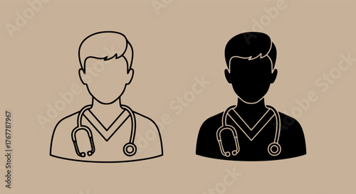 Doctor icon outline and silhouette with stethoscope on beige background