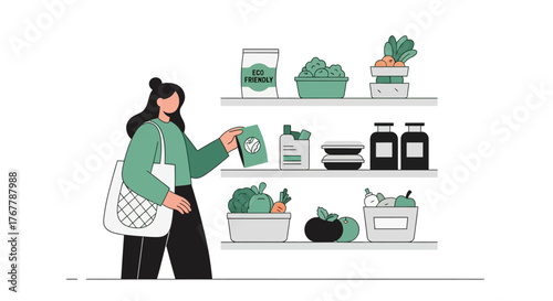 Woman choosing fresh produce from a well-stocked pantry shelf.