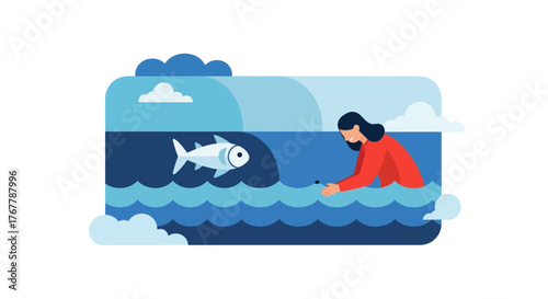 Woman swimming with a large fish in the ocean.