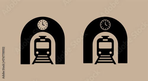 Two train tunnels with clocks and trains inside on beige background