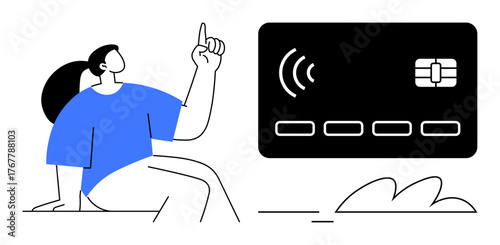 Woman gesturing toward a large debit card with an NFC signal, emphasizing digital payments. Ideal for technology, banking, finance, e-commerce, innovation, mobile transactions, contactless payment