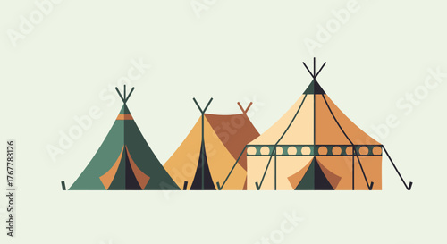 A collection of three stylized nomadic tents or teepees.