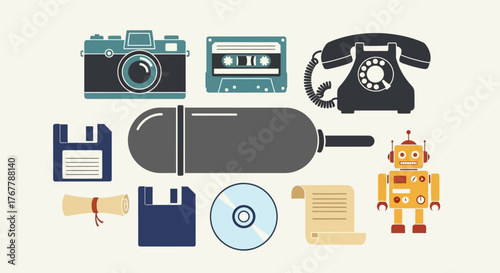 A collection of vintage and modern technology objects.