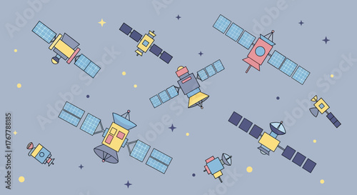 A diverse collection of cartoon space satellites orbiting.
