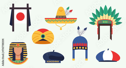 A diverse collection of traditional cultural hats and headwear.