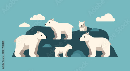 A Family of Polar Bears on an Iceberg.