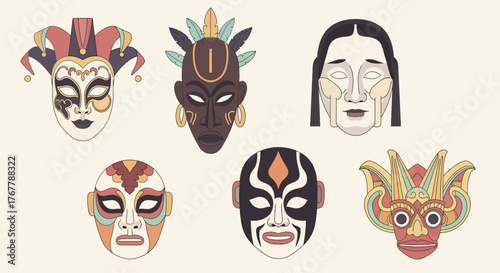 A Diverse Collection of Illustrated Traditional Cultural Masks.