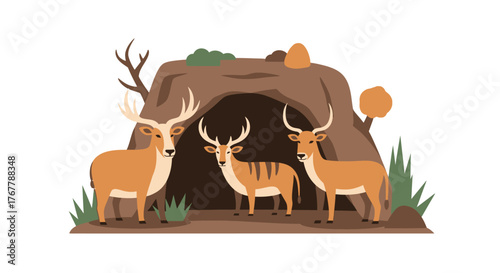 A family of three cartoon deer with large antlers.
