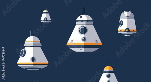 A fleet of futuristic space exploration capsules in vector style.