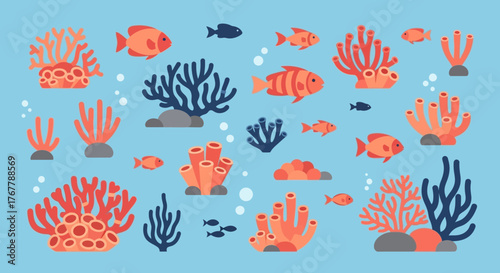 A vibrant collection of cartoon coral reef sea life illustrations.