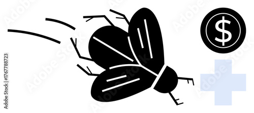 Fly in motion next to a dollar symbol and a medical cross. Ideal for themes thumbs up public health, economy, pests, healthcare costs, societal issues, agriculture, simple flat metaphor